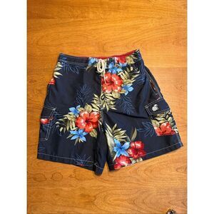 Caribbean Joe Men's Hawaiian Tropical Swim Board Shorts Dark Blue Size Medium